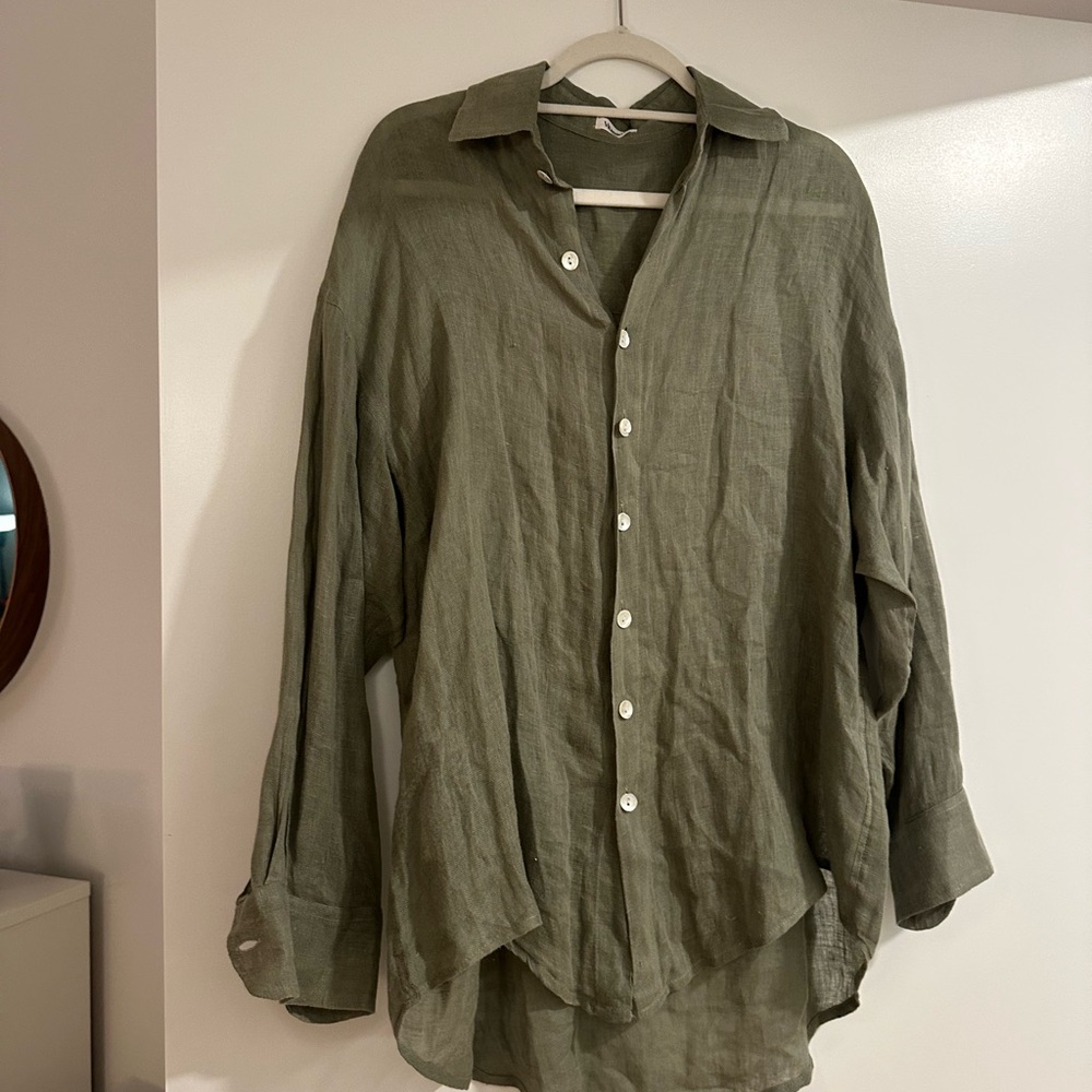 Olive Green 100% Linen Button-Up Shirt - XS
